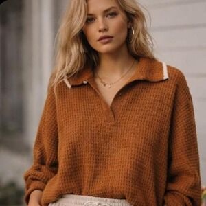 Pink Rose brown waffle knit polo shirt Size L #knitwear #polo